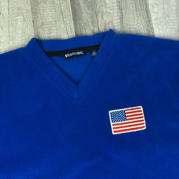 Vintage 90s Blue Fleece V-Neck Sweatshirt with USA Flag Patch Size Large - Picture 2 of 8
